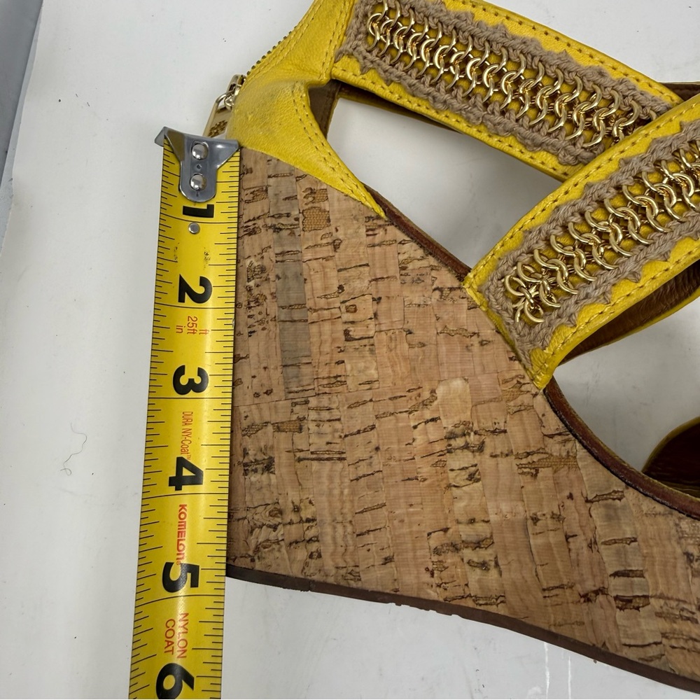 Tory Burch Lucian YellowLeather Gold Chain Strappy Cork Wedge Sandals Women’s 8M - Picture 9 of 12
